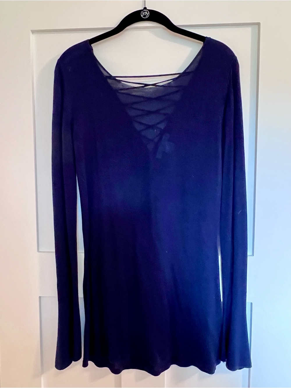 Long Sleeve Lace-Up V-Neck Top - Navy Blue